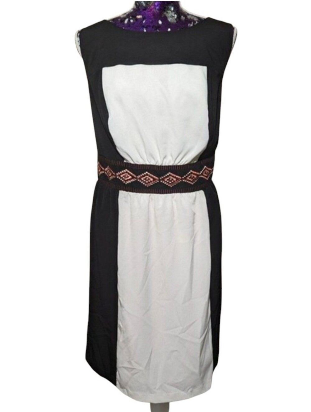 Boho Colorblock Midi Dress Black Ivory Tribal Waist Sleeveless Size 16